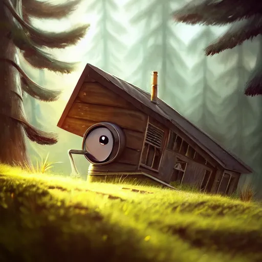 Image similar to a walking wood and metal house with two mechanical legs and one big eye, smoky chimney, rust, hyperrealistic, highly detailed, cinematic, single ray of sun, morning, pareidolia, dynamic composition, gravity falls style, ghibli style, beautiful, pine trees in the background, cgssociety, artstation, 8 k, oil painting, digital art