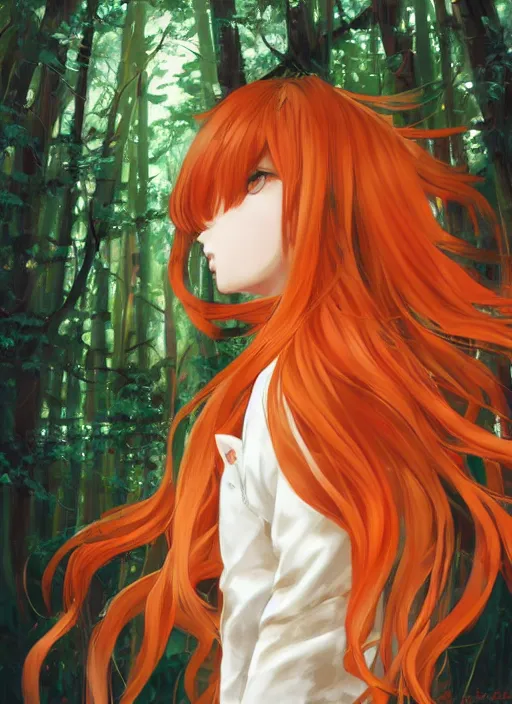 Image similar to portrait painting by shigenori soejima, girl with fox ears, long wavy orange hair, light brown trenchcoat, forest background, focus on face, pretty, cinematic lighting, painterly