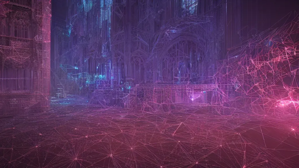 Image similar to psychic, future, ai data, octane render, lapis lazuli, 8 k, sacred geometry, gothic cathedrals, cinematic, night time, neon lights, landscape of the city, redshift render