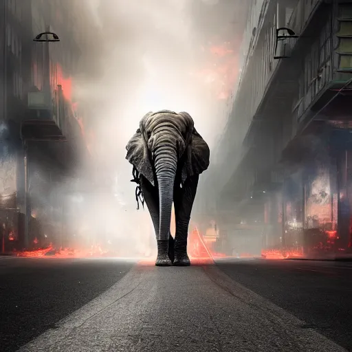 Image similar to apocalyptic, a terminator elephant walking on the future street. smoke. volumetric lighting, sharp focus, ultra detailed, cgsociety - w 1 0 2 4 - n 8 - i