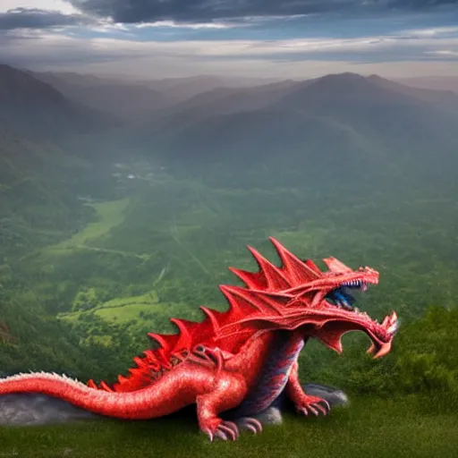 Prompt: fire - breathing dragon with red eyes sitting on a hill looking down into a valley, hyper - realistic