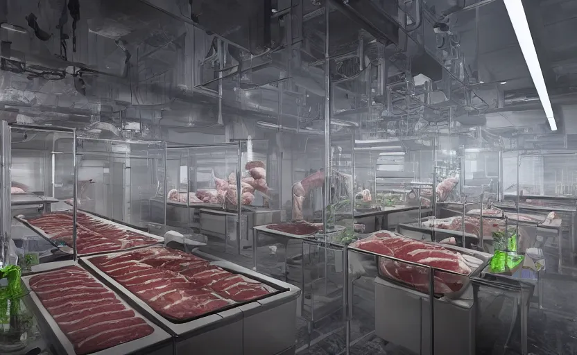 Prompt: a stunning photo of a dark sci-fi biosafety level 4 laboratory belonging to a company called Relith Science, with rows of glass containers holding different specimens of meat creatures, volumetric light, mist, ultra-detail, unreal engine 5, photorealistic