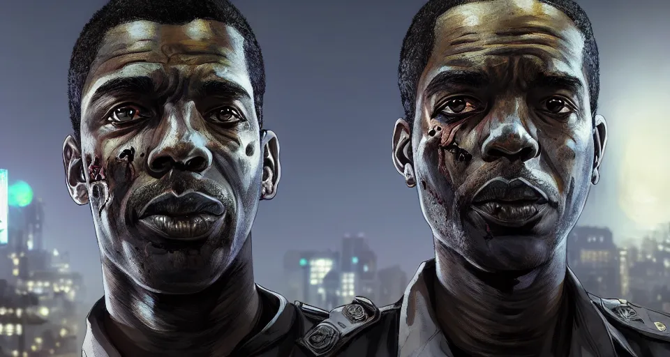 Image similar to highly detailed portrait black police officer zombie in gta v, stephen bliss, unreal engine, fantasy art by greg rutkowski, loish, rhads, ferdinand knab, makoto shinkai and lois van baarle, ilya kuvshinov, rossdraws, tom bagshaw, global illumination, detailed and intricate environment