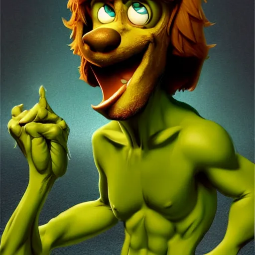 Image similar to a buff shaggy rogers making a surprised face, concept art by guillermo del toro, cgsociety, verdadism, creepypasta, zbrush, groovy