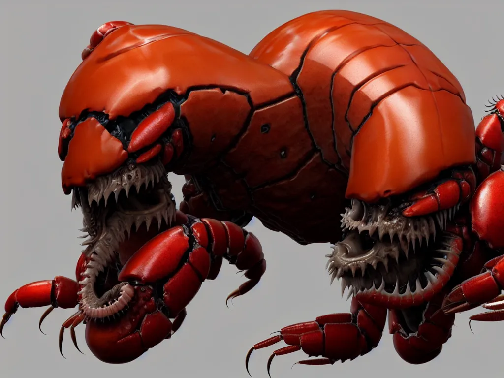 Image similar to doom, crustacean, isopod, muscular body, chiroptera head, chiroptera ears, big sharp teeth, hyperrealism, artstation, cgsociety, zbrush, no background