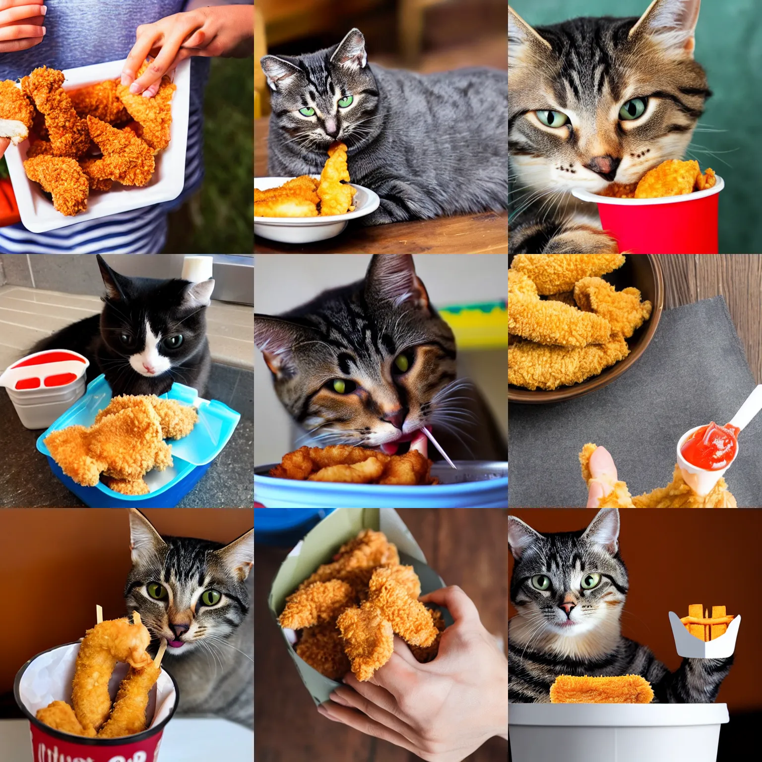 Prompt: cat holding and eating chicken tender from chicken tenders bucket