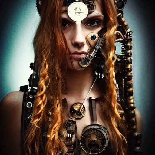 Image similar to beautiful half human half steampunk cyborg portrait, steampunk, extremely detailed, lush, gears, pretty, cinematic lighting, epic, intense, long hair, brown eyes, cool,