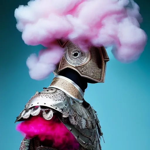 Prompt: a portrait of a beautiful young male wearing an alexander mcqueen armor made of cotton candy , photographed by andrew thomas huang, artistic