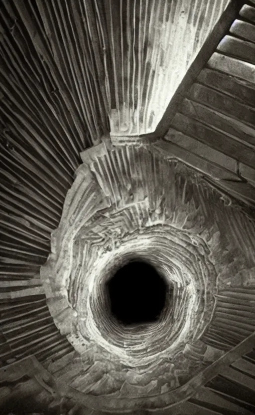 Image similar to a staircase heading to a black hole, dark scary figure standing at the top of the staircase