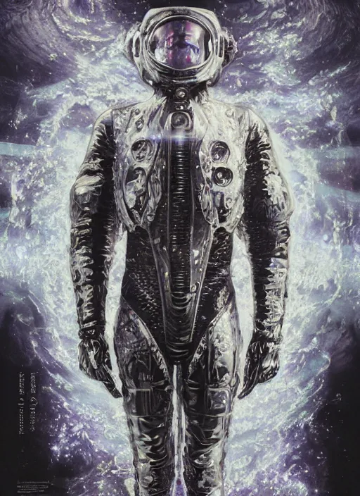 Prompt: hybrid alexander mcqueen astronaut in dark void underwater - complex and hyperdetailed technical suit design. reflection and dispersion materials. rays and dispersion of light. volumetric light. f / 3 2. noise film photo. flash photography. ultra realistic, 5 0 mm. poster by wayne barlowe, hajime sorayama, aaron horkey, craig mullins