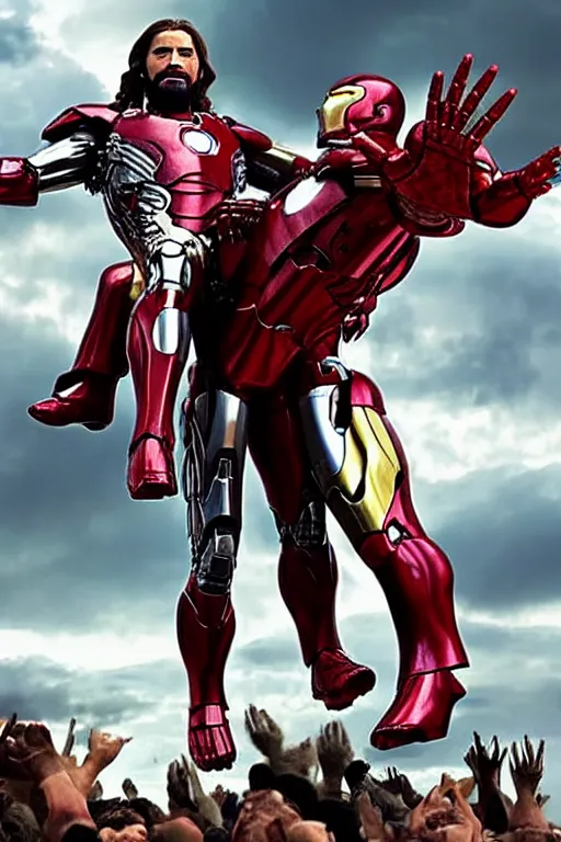 Image similar to full shot photograph of jesus christ being carried by iron man on doomsday, photorealistic, cinematic lighting, extremely detailed, marvel cinematic universe