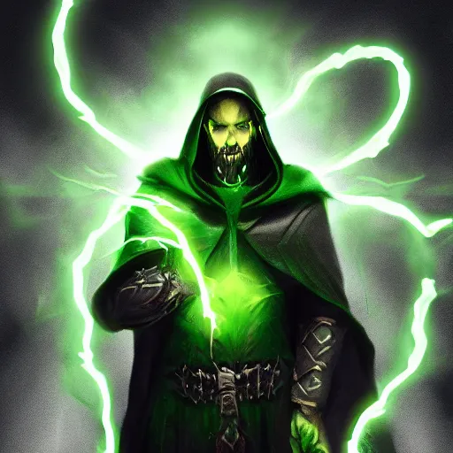 Prompt: illustration of dark priest holding green lightning, black halo, evil, power, green mist, scary, photorealistic, unreal engine, hellish background, mtg, dnd