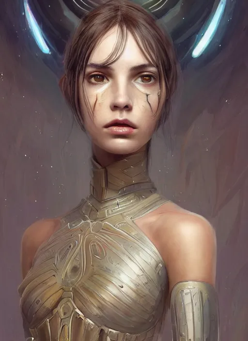 Image similar to a professional painting of a beautiful young female alien, clothed in ethereal armor, olive skin, long dark hair, beautiful bone structure, symmetrical facial features, intricate, elegant, digital painting, concept art, smooth, sharp focus, illustration, from Valerian and the City of a Thousand Planets, by Ruan Jia and Mandy Jurgens and Artgerm and William-Adolphe Bouguerea