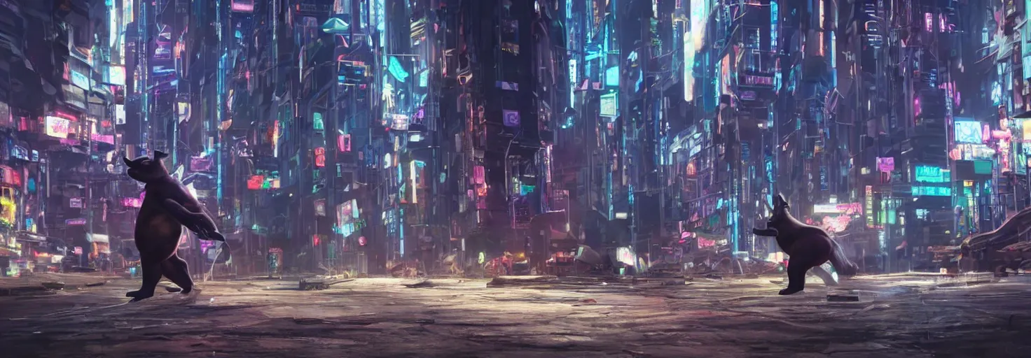 Prompt: photo of big chungus roaming in a cyberpunk futuristic city