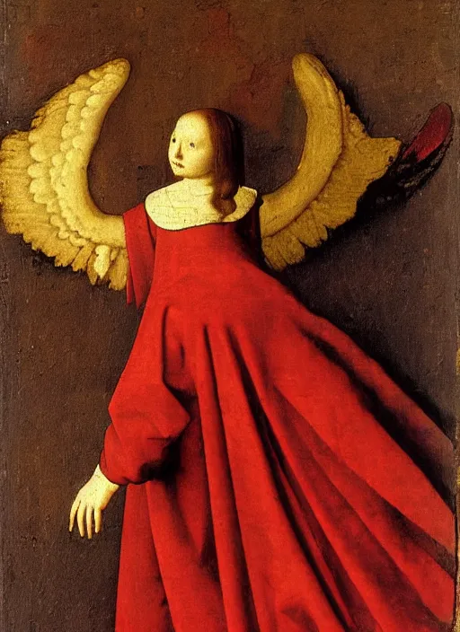 Image similar to Flying Fallen Angel with wings dressed in red, Medieval painting by Jan van Eyck, Johannes Vermeer, Florence