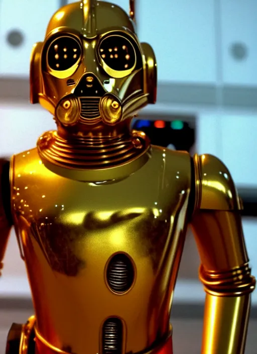 Image similar to c - 3 po as a hamster!!!!!!!!! 1, movie still, star wars, cinematic, sharp focus, cinematic grain, cinematic lighting, 8 k