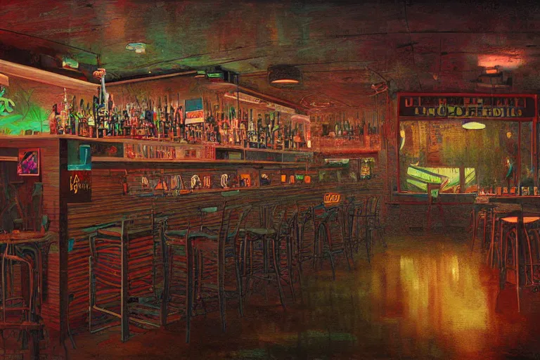 Prompt: scene from louisiana swamps, bar, neon cross, voodoo, 8 k, hyper detailed, artwork by tim eitel