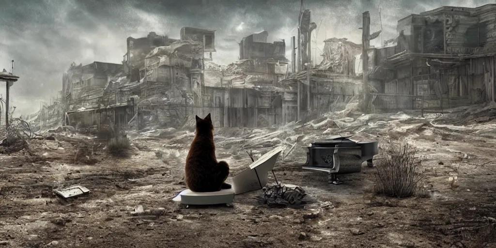 Image similar to cat playing piano in a post apocalyptic world, cinematic and very detailed, 8k hdr