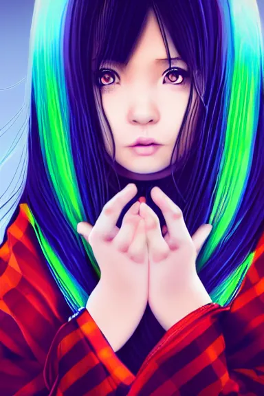 Image similar to mysterious girl child with her long black hair dressed in a chequered robe anime art style, big green diamond on her hand, digital art, hd, 4 k, hyper detailed