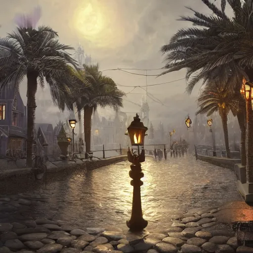 Image similar to a festive seaside magical village with witches and wizards, knights and scholars, inspired by victorian england and amsterdam, palm trees, highly detailed, intricate, digital painting, trending on artstation, concept art, matte painting, art by greg rutkwowski, craig mullins, octane render, 8 k, unreal engine