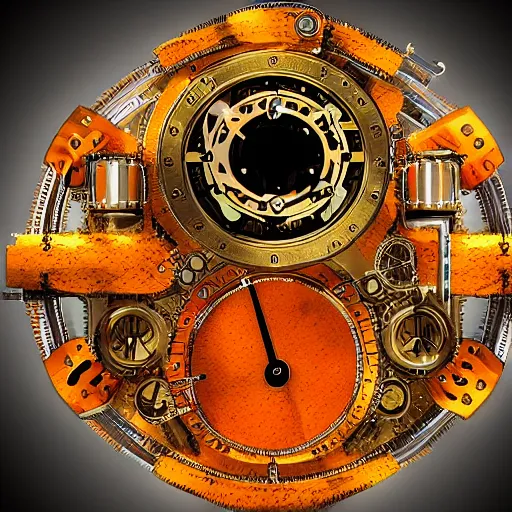 Image similar to orange with clockwork mechanisms inside of it, high definition, professional artwork, mood lighting