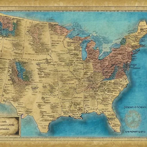 Image similar to A fantasy style map of the USA