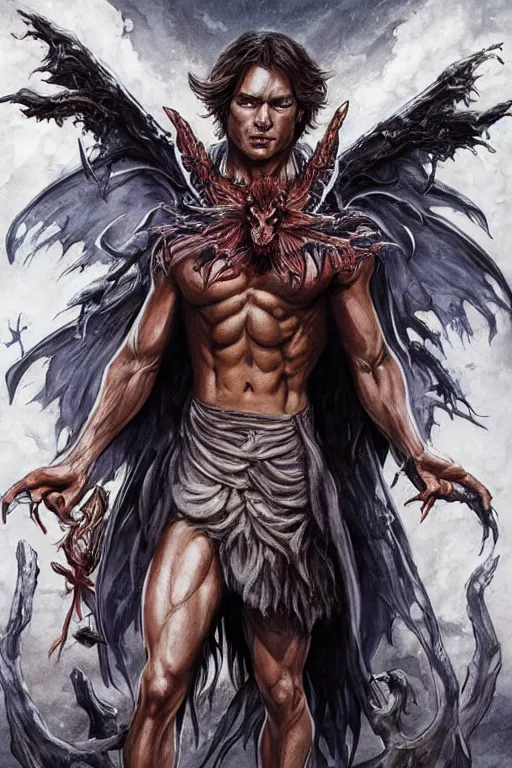 Image similar to front portrait of attractive sam winchester as a belcebu with demon wings wide open, clothes torn apart, muscular chest tattooed with runes and symbols, d & d!, fantasy style, sharp focus!, ultra detailed, art by artgerm and peter andrew jones, wlop