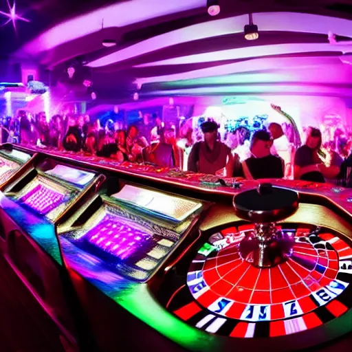 Image similar to dj playing roulette tables, nightclub, photorealistic, low light, coloured lights, people dancing, music, detailed