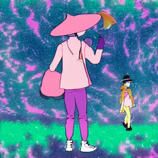 Prompt: a pink skinny anime boy wearing a small satchel and a pink witches hat walking through a psychedelic landscape