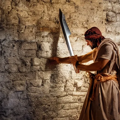 Image similar to award winning cinematic still of nighttime with 40 year old Mediterranean skinned man in Ancient Canaanite clothing fixing a ruined, crumbled wall in Jerusalem, holding a sword, dramatic lighting, nighttime, strong shadows, bold color contrast, action movie stills