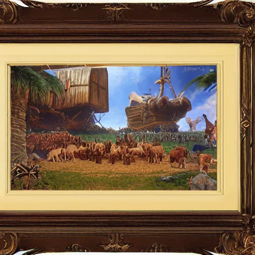 Image similar to an extremely detailed matte painting of the animals leaving noah's ark, 4 k, noah's ark, antediluvian, by bob ross and norman rockwell