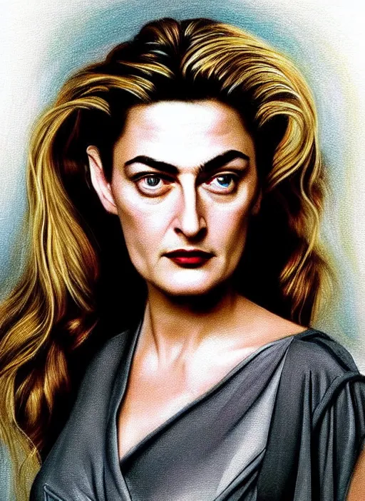 Prompt: elegantly disdainful. Shelly Johnson from Twin Peaks as empress of pulsar stars. ultra detailed painting at 16K resolution and amazingly epic visuals. epically beautiful image. amazing effect, image looks gorgeously crisp as far as it's visual fidelity goes, absolutely outstanding. vivid clarity. ultra. iridescent. mind-breaking. mega-beautiful pencil shadowing. beautiful face. Ultra High Definition. godly shading diffusion. amazingly crisp sharpness. photorealistic 3D rendering on film cel processed twice..