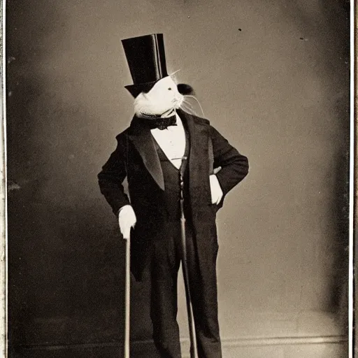 Prompt: a classy gentleman cat with a top hat, he holds a cane, 1 8 9 0 vintage photo