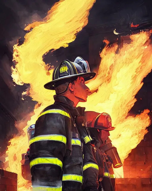 Image similar to heroic firefighter in action in black and yellow uniform, fire flames, sharp details, sharp focus, elegant, highly detailed, illustration, by jordan grimmer and greg rutkowski and pine ( ハイネ ) and 薯 子 imoko and 香 川 悠 作 and wlop and maya takamura, intricate