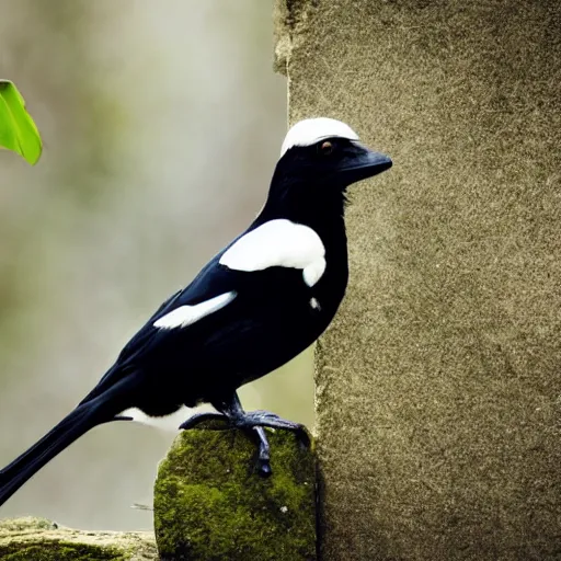 Prompt: Magpie sitting on a cobble wall, talking to a large group of frogs down below, forest background, storybook