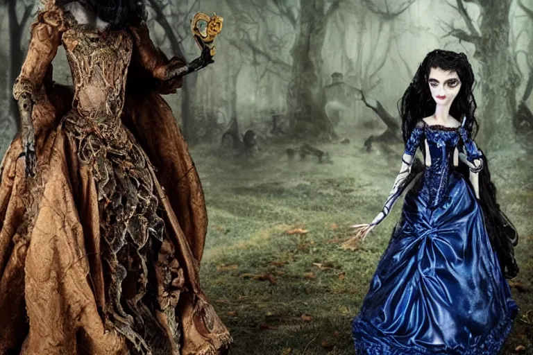 Image similar to photo taken of an epic intricate, ultra detailed, super realistic stop motion puppet of a majestic gracious regal aristocratic brunette female vampire in a graveyard filmset created by weta workshop directed by tim burton, menacing, close up shots, moody night time scene, photorealistic, sharp focus, gloomy, extremely cold blueish colour temperature, 3 5 mm, f 1. 4