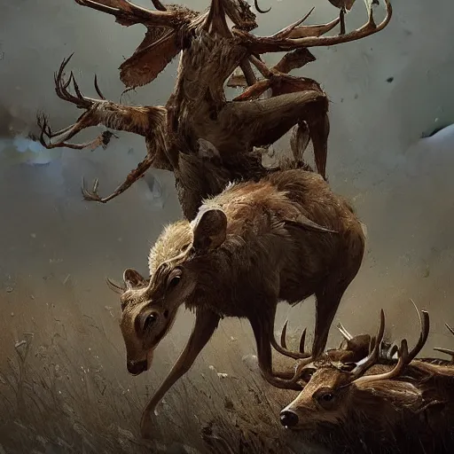 Prompt: !dream a large pile of dead deers and birds falling out of it, a concept art in style of Greg Rutkowski, John Singer Sargant, painted by Frank Frazetta, trending on artstation