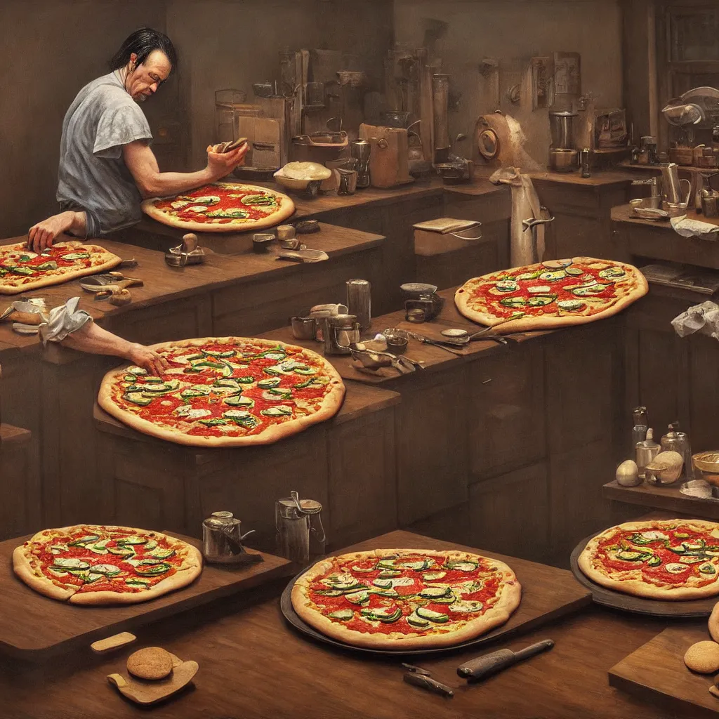 Image similar to hyper detailed 3d render like a Oil painting - nick cave baking pizza by Jacek Yerka, Mariusz Lewandowski, Houdini algorithmic generative render, Abstract brush strokes, Masterpiece, Edward Hopper and James Gilleard, Zdzislaw Beksinski, Mark Ryden, Wolfgang Lettl, hints of Yayoi Kasuma, octane render, 8k