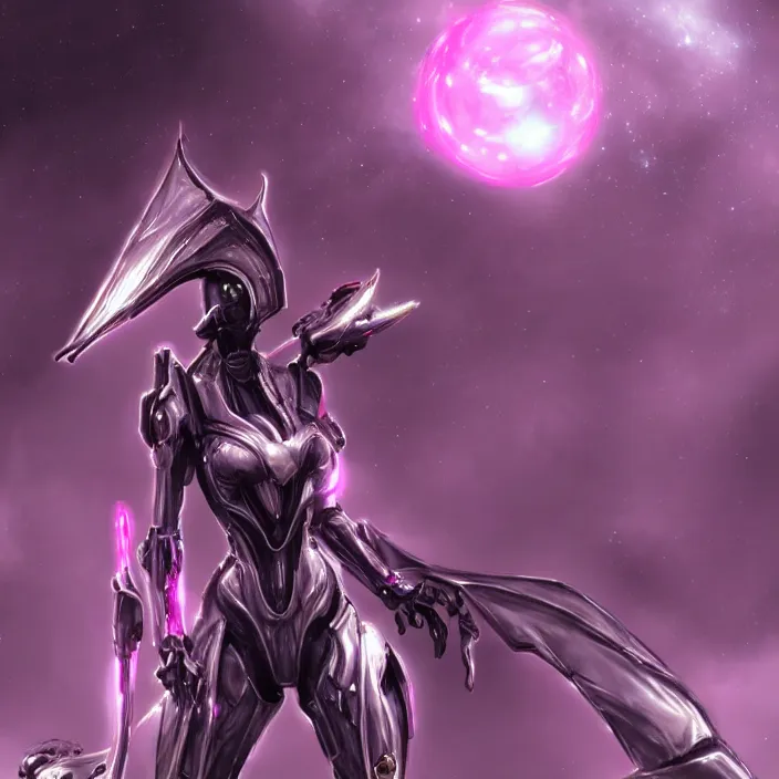 Image similar to cinematic shot, bust, cosmic sized perfectly proportioned stunning beautiful hot female warframe, anthropomorphic robot mecha female dragon, silver, fuschia leds, floating in empty space, nebula sized, holding a galaxy, epic proportions, epic size, epic scale, furry art, dragon art, giantess art, warframe fanart, furaffinity, deviantart