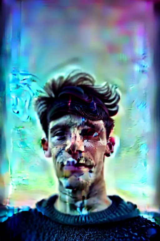 Image similar to high quality pastel coloured film mid angle selfie photograph of a beautiful young 2 0 year old male, soft features, black hair, standing in an icelandic black rock environment. atmospheric. three point light. photographic. art directed. ( pastel colours ). volumetric light. stark. waves glitch. 8 k. filmic.