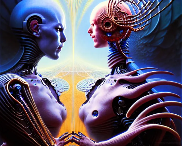 Image similar to the battle of humans against androids, fantasy character portrait made of fractals facing each other, ultra realistic, wide angle, intricate details, the fifth element artifacts, highly detailed by peter mohrbacher, hajime sorayama, wayne barlowe, boris vallejo, aaron horkey, gaston bussiere, craig mullins