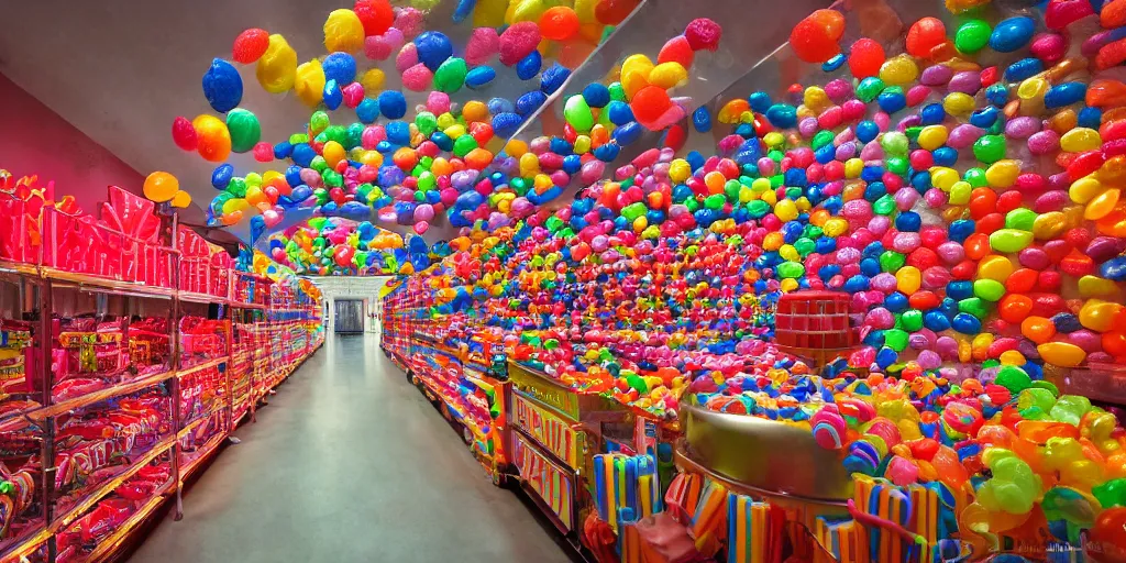 Prompt: a huge candy factory, award winning photo, masterpiece, cinematic lighting