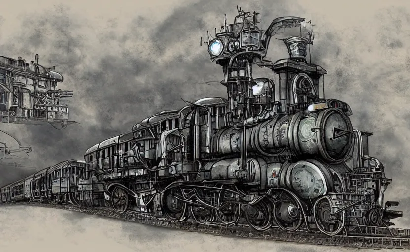 Prompt: concept art of huge steampunk dieselpunk massive train