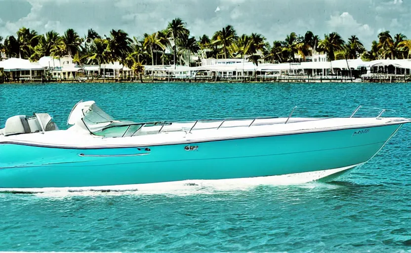 Prompt: photorealistic picture of a sport boat turquoise water. miami. 8 0's style