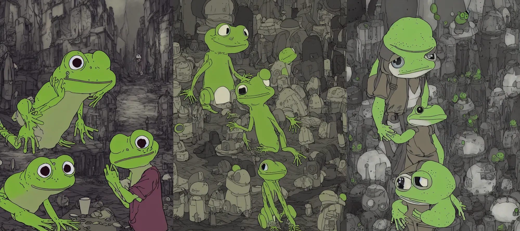 Prompt: resolution 4k worlds of loss and depression made in abyss design Akihito Tsukushi design body pepe the frogs group of them a bloody conflict body horror curse of the abyss war , battlefield darkness military drummer boy pepe , desolated city pepe the frog on an adventure with a party of other animals a strange and primordial background , pepe , focus on pepe in foreground ,sea of red water , ivory dream like storybooks, fractals , pepe the frogs at war, art in the style of and Oleg Vdovenko and Akihito Tsukushi