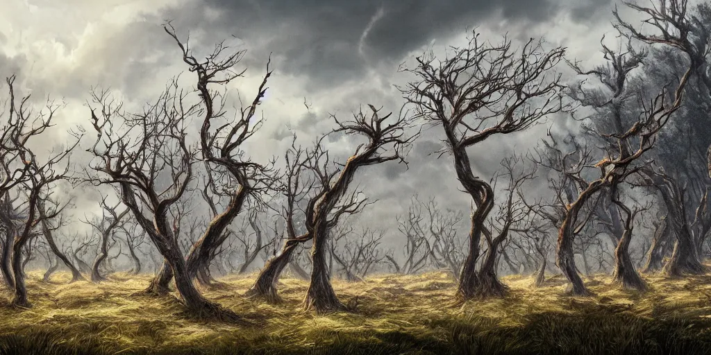 Image similar to swaths of dead windswept trees (no soil), high quality fantasy art, 4k