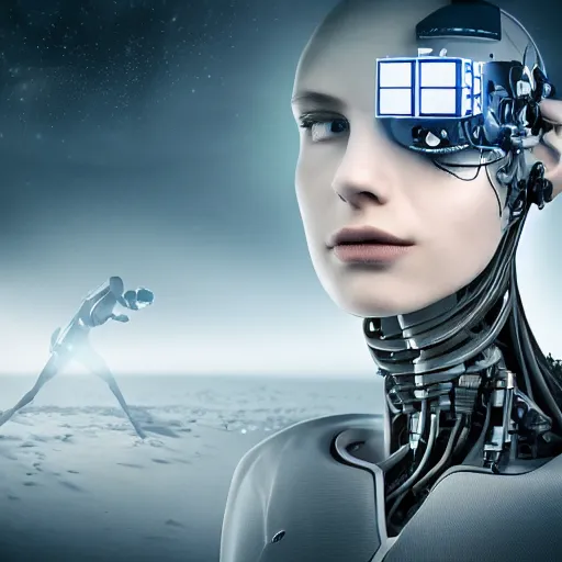 Prompt: breathtaking symbiosis of man and cyborg, beautiful girl, 3 d, ultra nd, 4 k, detailing