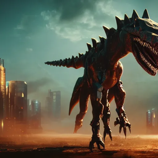 Prompt: a cyberpunk knight riding a cyborg dinosaur, film still, 8k, cinematic, alexa65