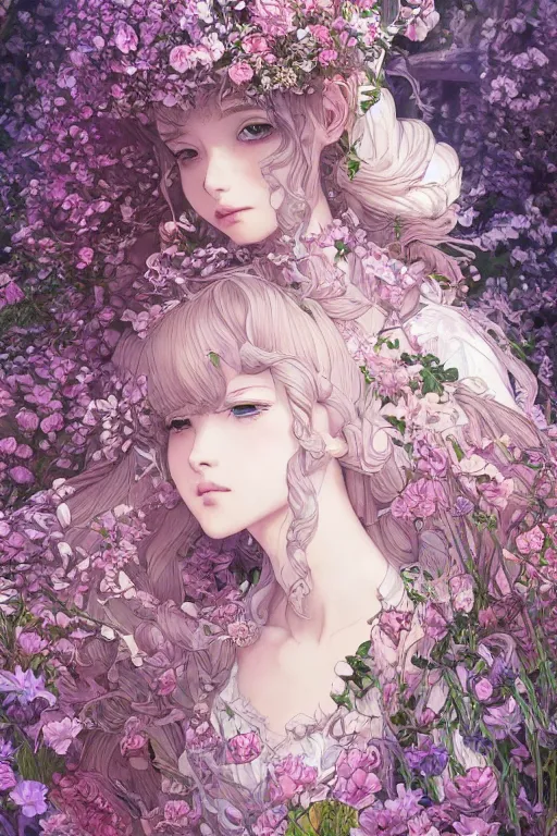 Prompt: a beautiful hyperdetailed portrait illustration of absolutely beautiful princess that wear rose flower wedding gothic lolita dress clothing stay in blooming flower house alone, finely symmetric detailed angelic face delicate features directed gaze, perfectly shaded, atmospheric lighting, style of studio ghibli, makoto shinkai, raphael lacoste, louis comfort tiffany, artgerm, james jean, ross tran