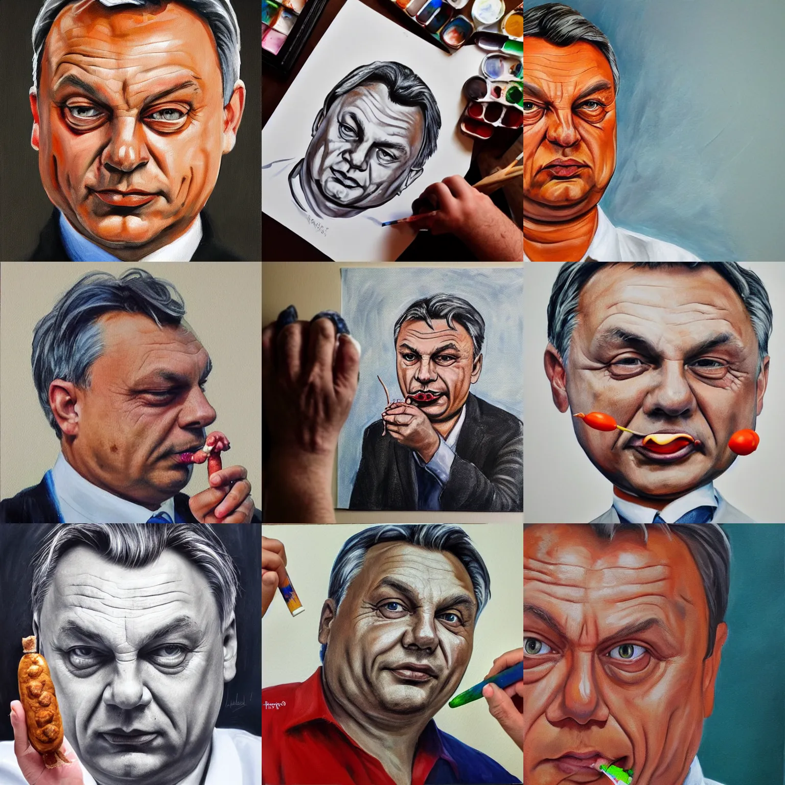Prompt: old child paints viktor orban with a sausage on white paper, anatomically correct, oil painting, hyper realistic, 8 k highly detailed